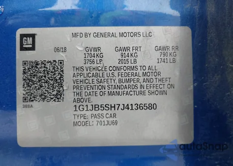 2018 Chevrolet Sonic Ls Auto z USA, uszkodzony, nr VIN 1G1JB5SH7J4136580